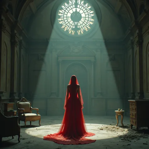 Bride in red looks like a ghost in the middle of a hall of an abandoned and old Palace with a large old clock filled with dust and old and broken furniture! Everything realistic and natural ! 