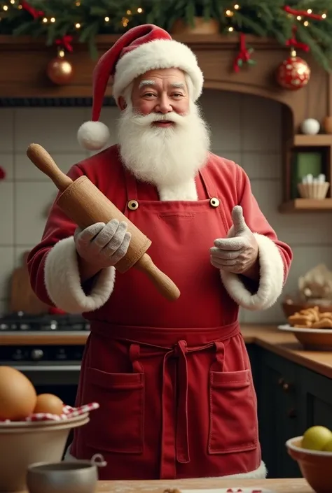 The theme is Christmas
realistic style 
Santa Claus in the kitchen with Christmas decoration with red apron and Christmas decoration and rolling pin in his hand and dirty with flour
