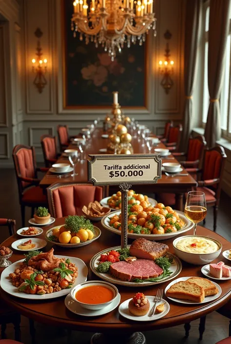 draw a dining room with food ,  without people and draw a sign that says:  Additional fee  $50.000 in Spanish language 