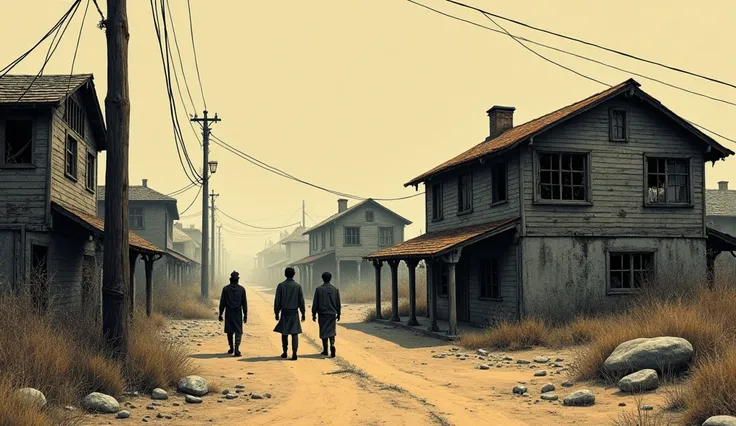 A detailed engraving tattoo-style painting of an abandoned city with people in canvas clothes. The scene features two-story houses with rusty roofs and broken window panes, resembling wooden boxes for storing glass containers made of dark gray rotting boar...