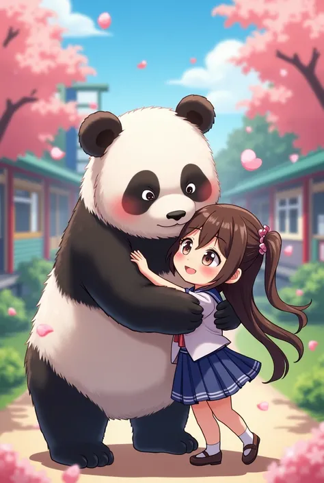 Panda kissing girl in anime-style school uniform 