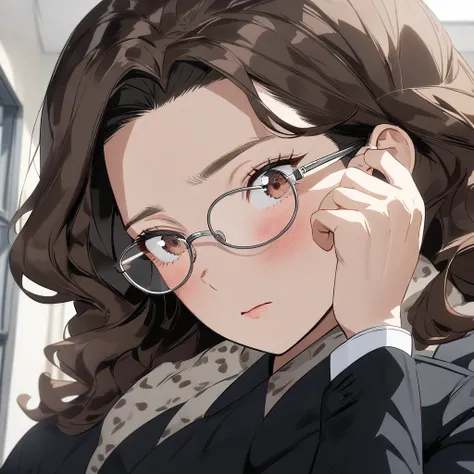 1 female, mature lady, short, ((shy expression)), ((long wavy brown hair)), brown eyes, long eyelashes, large breasts, eyeglasses, black blazer, (in a classroom), masterpiece, ultra HD, anime style, (my hero academia art style)