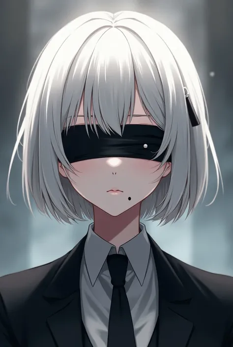  anime-style female character with short white hair , with a black cloth bandage covering her eyes , and with a dot on the chin on the left side under and near the mouth 