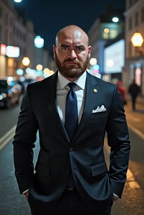 a strong and half-fat man , looking directly at the camera,  in a James Bond-style suit and tie on a night out in London