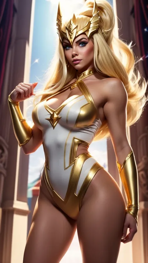 She-ra,  character from the animation , blonde, makeup , muscular,  Big breasts , pernas musculars, white and gold dress 