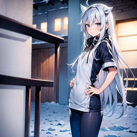 anime, one girl playing pranks,Gray Hair, blue eyes, flat chest, wearing a hoodie , Slim Body ,winter,snow,Extreme low angle,Hands on Hips 