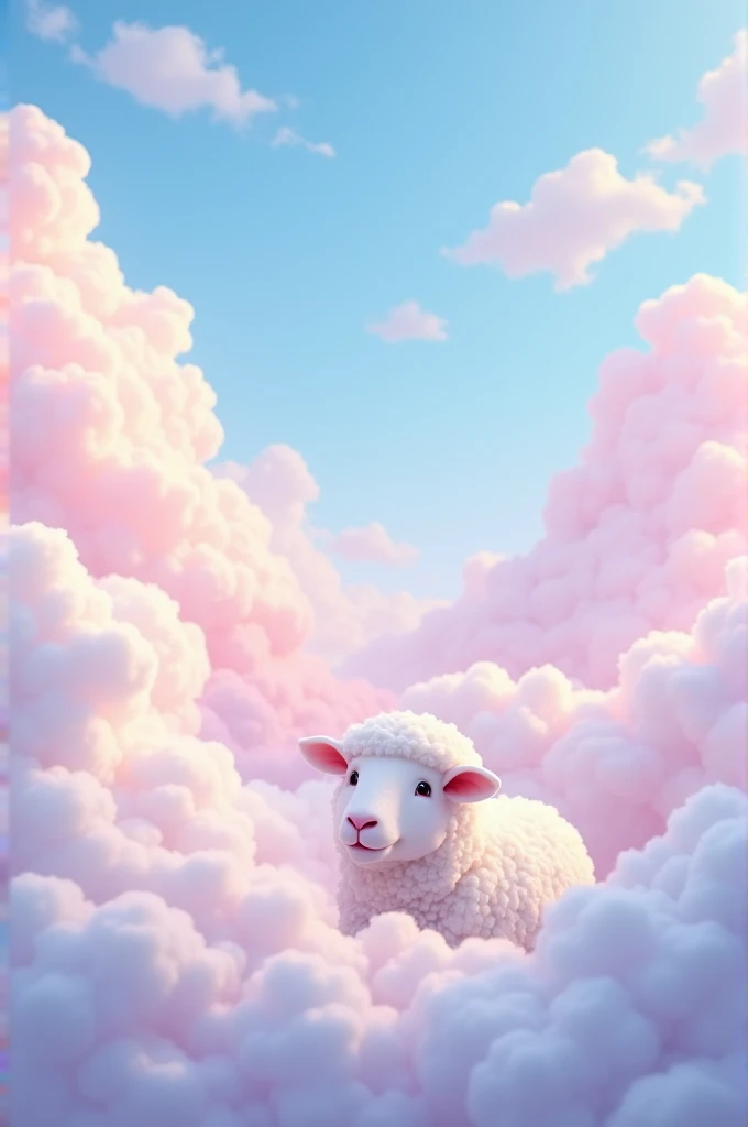 Create an image of a sky filled with soft pastel-colored clouds in shades of pink, blue, and lilac, with many fluffy and gentle clouds scattered around. Hidden among these clouds, place a white sheep subtly camouflaged, making it a fun Find the Impostor ch...