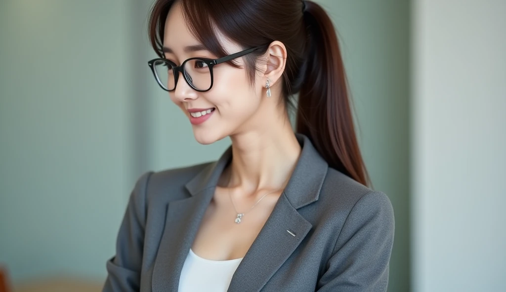 A beautiful Japanese woman in a sexy, stylish, elegant gray blazer paired with a fitted blouse, wearing glasses, extremely detailed skin, professional appearance with a subtle touch of confidence, large breasts:1.22, deep cleavage, modest but form-fitting ...