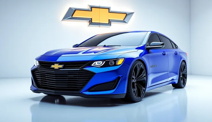 A full attractive hd photo of new 2025 chevrolet impala  blue color of exterior. A white shiny showroom background logo on the wall. A car with front right side of vehicle.