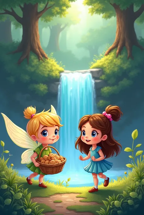 One day, Flutter said, "Luna, I heard a secret! Theres a rainbow waterfall hidden in the Whispering Woods.  It can make wishes come true!"  Luna, excited to make a wish, packed a basket with yummy cookies and went to find the waterfall.

Cartoon,Drawing