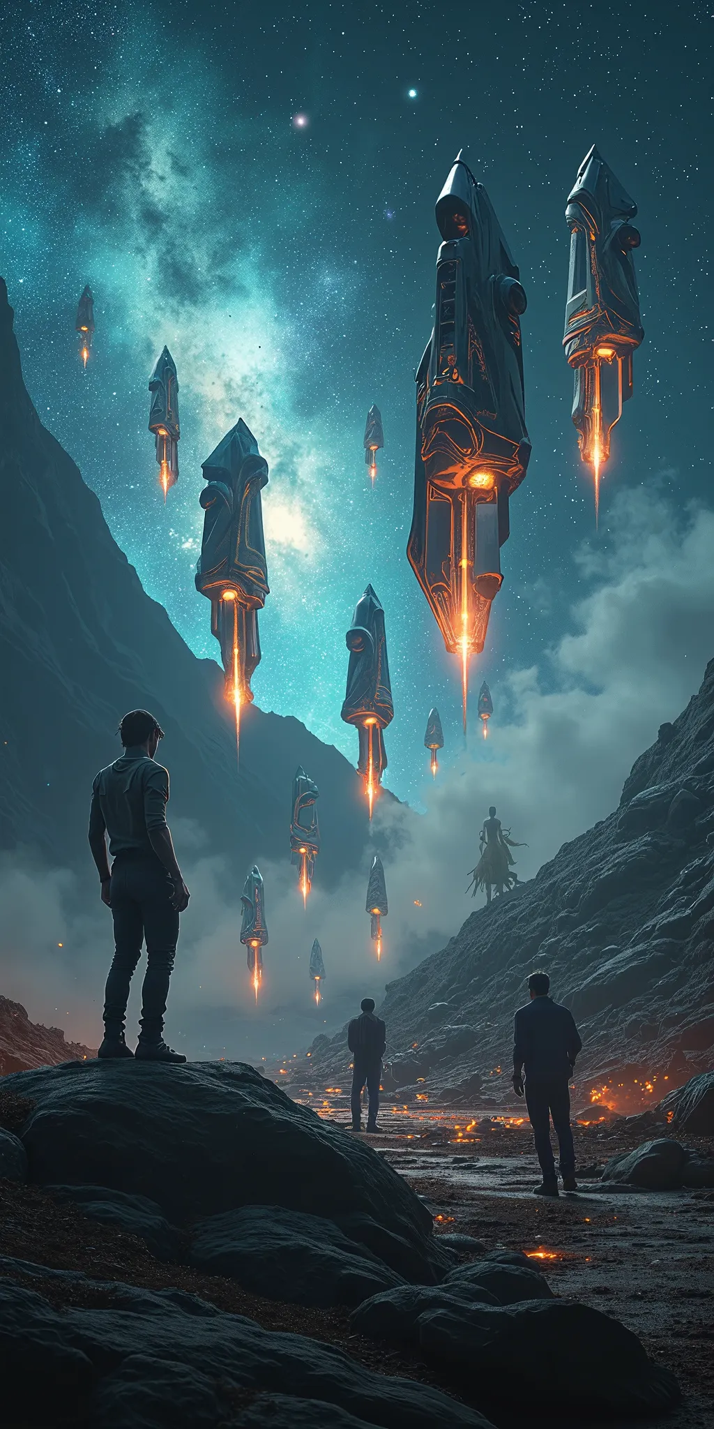 many very futuristic shaped mechanical lantern drifting in a very beautiful galaxy. dynamic camera work. scene of great science ...