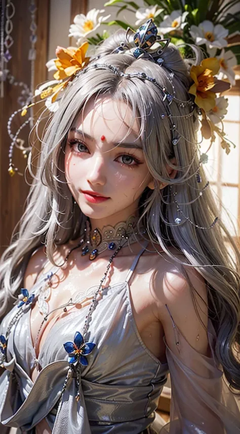 (Silver Hair), Fox Ears, Brunette Girl, big Smile, Super beautiful sparkling eyes、Hanging from the ceiling with rough rope around his arms、sweat、The rope bound her body、 wet body、 Legs Hanging from Shackles 、 Lots of Liquid Flowing Out of My Crotch 、One le...