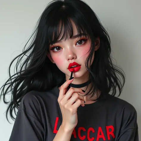 Create a white-skinned model , black hair,  wearing a t-shirt written LACCAR,  applying red lipstick on her lips 