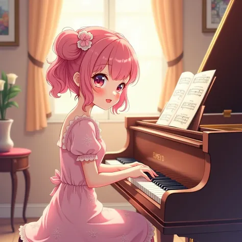 cute pink anime girl play piano