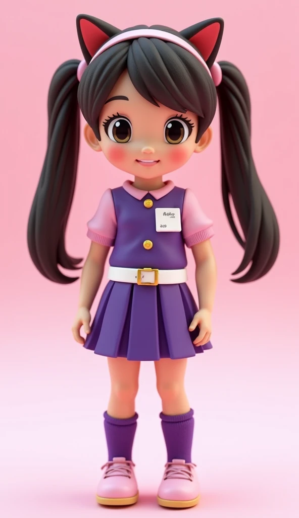 3D anime-style doll showing a smiling young Japanese girl with long dark brown hair styled in two tails with a cat-ear headband. She wears a purple and pink dress, a white belt ,  complete with gold buttons and a name tag on the left side of her chest . He...