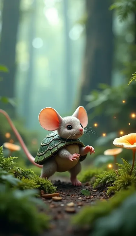 mouse-turtle hybrid in a mystical forest, animal hybrid of a mouse and a turtle, mix of turtle and mouse, hi
gh quality, atmospheric lighting