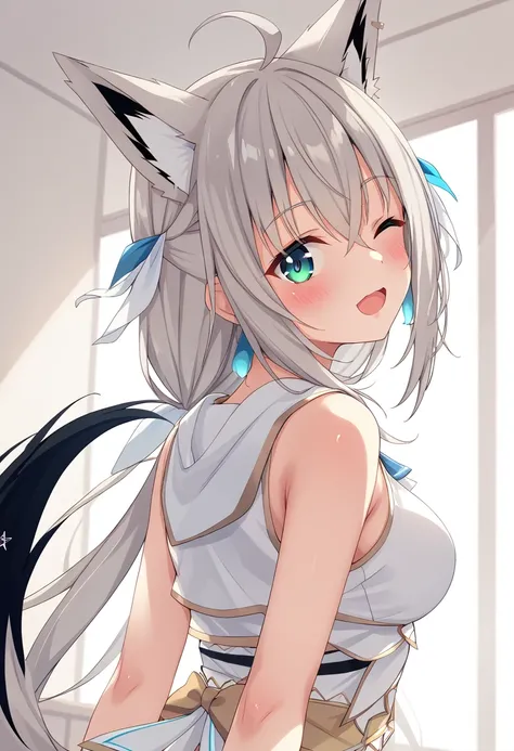 1 girl、hololive、 Shirakami Fubuki、 animal ears 、solo、Tail、 Fox Girl 、 fox ears、 long hair、狐狸のTail、ahoge、Gray Hair、 hair between eyes、 animal ears の綿毛、 earrings for a woman alone、 blue eyes 、breast、When looking back、A big smile、 upper body、 open mouth 、back...