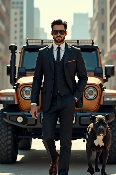 
I make a picture of a 25 year old boy in black suit with a body guard or a pit bull dog 4×4 jeep and his name is Ahmad