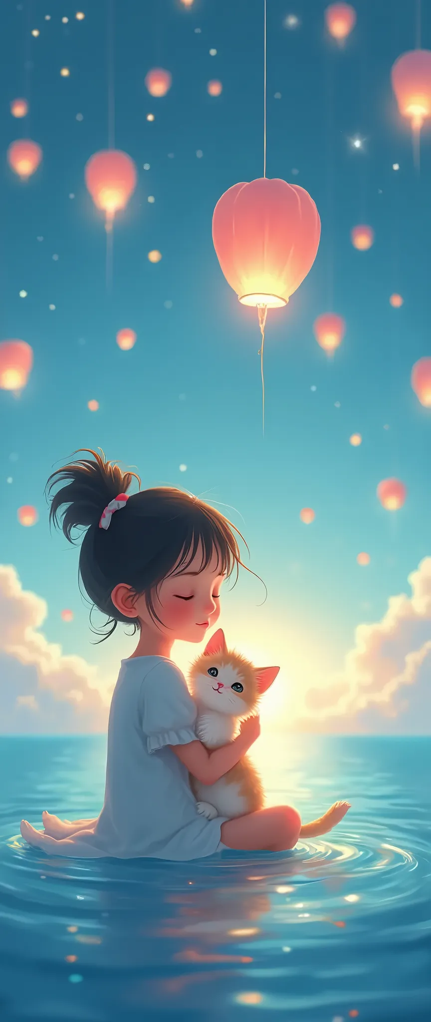 girl is dreaming with her kitten with their eyes closed and smiling and in the haze above her many colorful cute-shaped lanterns floating in the beautiful blue sea. dream like, fairytale