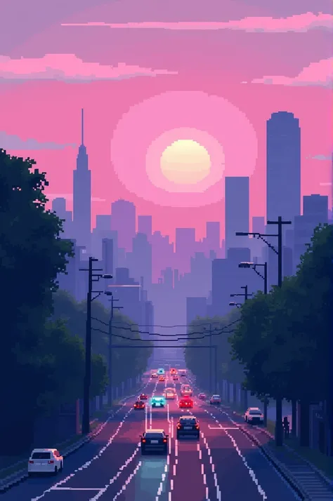  I want an image of a city at dawn with purple tones and a pixelated style that generates nostalgia when I see it, The cars can be seen passing 