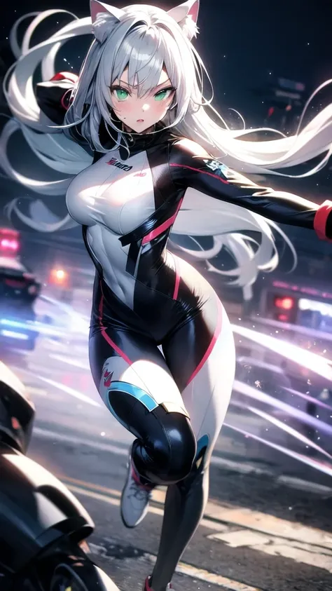 A beautiful girl with silver cat ears, green eyes, silver hair, long hair, black and white battle suit that fits her body perfectly, the background is the night city, the age is 14, dark night, sweat, steam from exhalation, dynamic angles, dynamic action p...