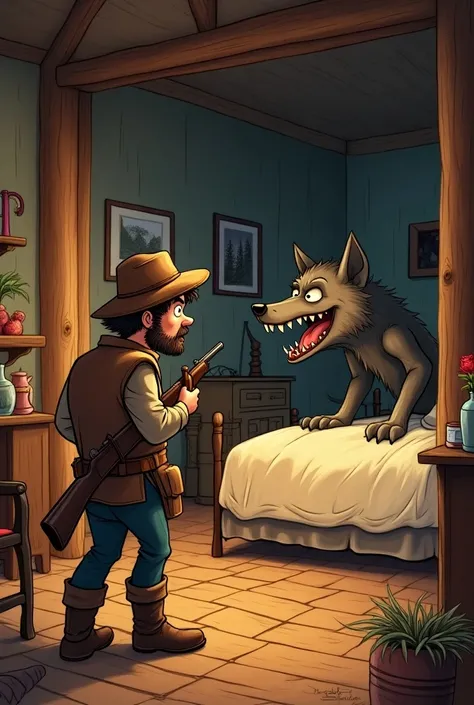 The hunter comes to grandmas house and defeats the wolf cartoon


