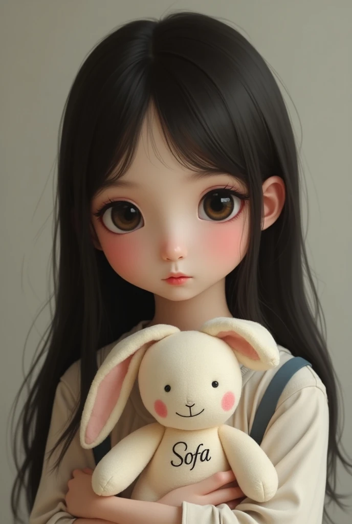 Brunette girl with long black hair and very straight round eyes who has a stuffed animal with the name “Sofía”