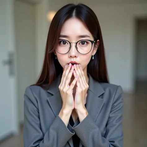 A beautiful Japanese woman in a sexy, stylish, elegant gray blazer paired with a fitted blouse, wearing glasses, extremely detailed skin, glasses:1.21, professional appearance with a subtle touch of confidence, large breasts:1.22, deep cleavage, modest but...