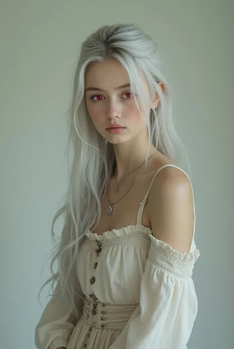 white pele,  young woman, with silver hair,  red eyes ,, vestido medieval casual