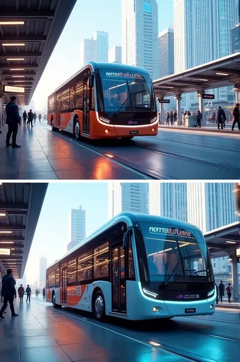 Create two images of a modern electric bus at a charging station