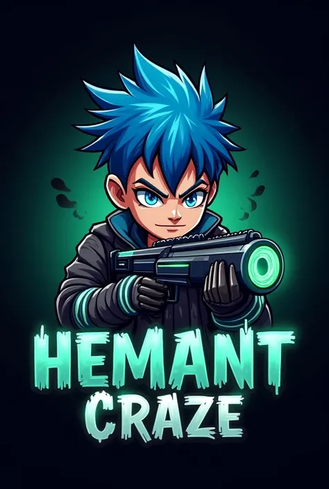 create a gaming logo with a spiky blue haired boy, glowing green accents, and "HEMANT CRAZE" in bold letters. The character is holding a sleek,high-tech gun, adding a gaming style a design.