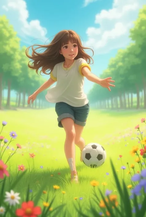  A teenager playing ball on the field full of flowers  (Its spring )
The characteristics of the adolescent :
 She has brown hair like her brown hair with some not very serious bandages on her leg 