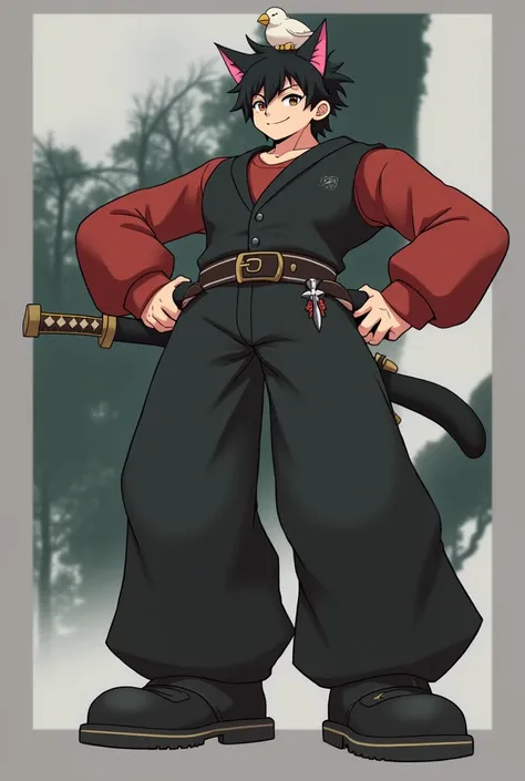 Anime style , man , 20 years old , fighter , cat-boy, smirking , cute , middle part shadow fade haircut , black hair , brown eyes colour , jungles dark woods surrounding backround ,  full body clothing , bird on top of head , cat-ears , sword katana beside...