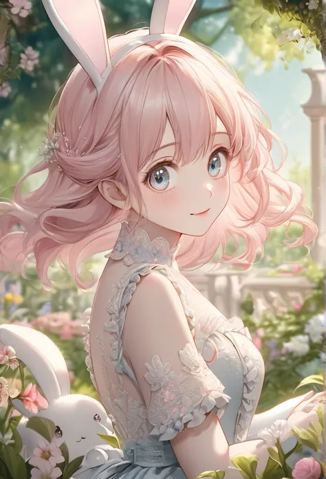 Upper body close-up（((masterpiece), on)""An elegant bunny-eared woman with long bunny ears and a small fluffy tail, gentle smile, pastel-colored or soft pink hair, spring garden background, elegant dress with frills and lace details, graceful and calm atmo...