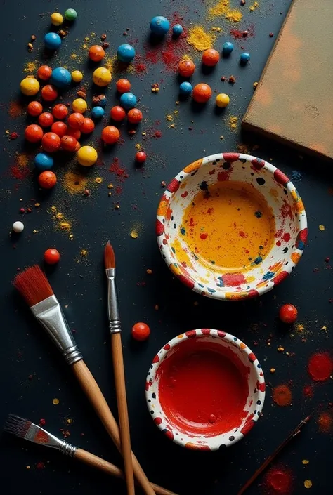 Mostacillas ,  canvas , brushes, red and black paint scattered scattered on a black table