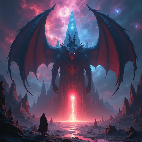 Psychedelic galactic crystal temples, background is an ominous space nebula with fantastic vibrant colors looming from the darkness, glowing red runes tear around, opening a portal to an ancient future utopia land with giant crystal temples, alchemical mag...