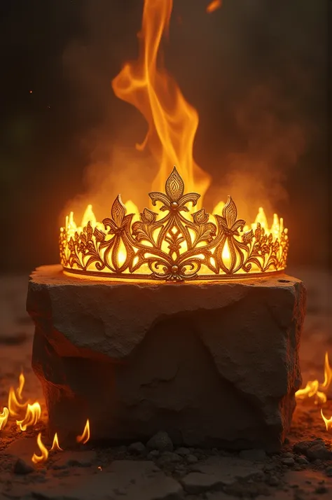 Tiara in the form of a pure gold ribbon on a stone altar set on fire