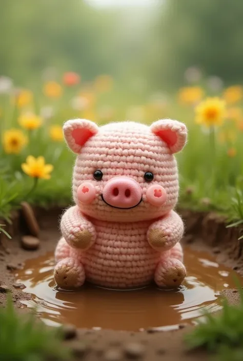 Amigurumi piggy having fun in the mud
