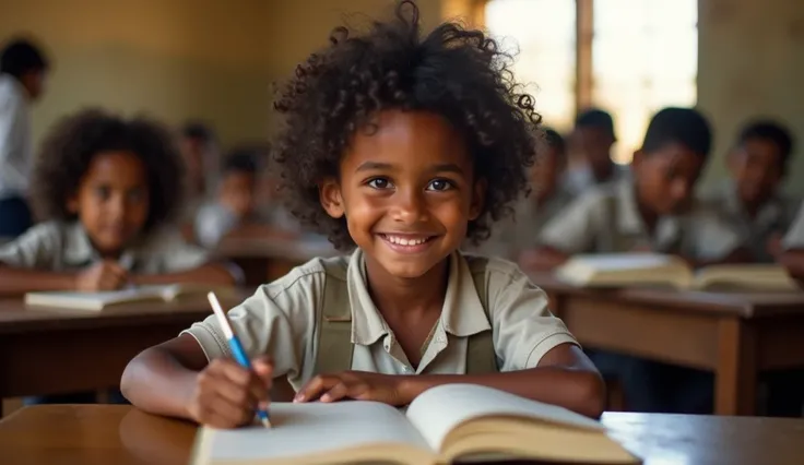 Ramu, a young boy around  with dark, curly hair, is now seen in a simple school classroom with a joyful expression, holding a book and writing with determination. He is dressed in slightly newer clothes, symbolizing his journey from poverty toward a better...