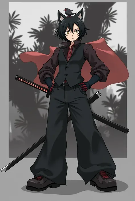 Anime style , man , 20 years old , fighter , cat-boy, serious , cute , middle part shadow fade haircut , black hair , brown eyes colour , jungles dark woods surrounding backround ,  full body clothing , bird on top of head , cat-ears , sword katana beside ...