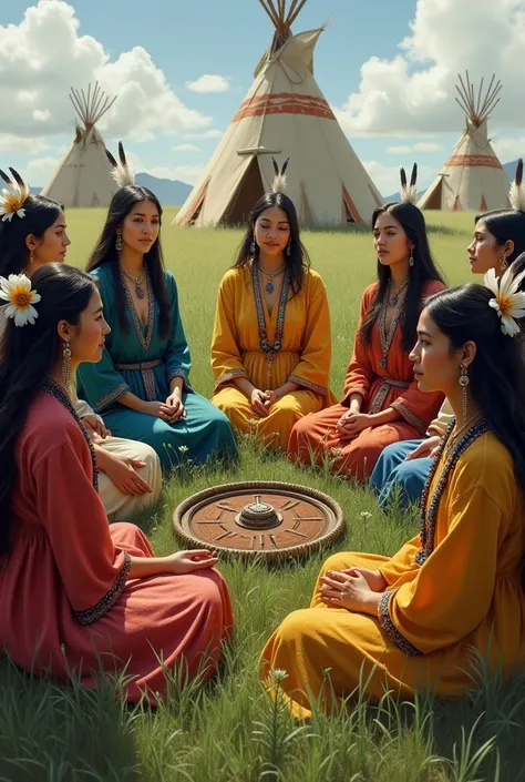 13 femme amérindiennes en tenue traditionnelle assises dans lherbe, en cercle autour dune roue de médecine, avec des tipis en arrière plan
