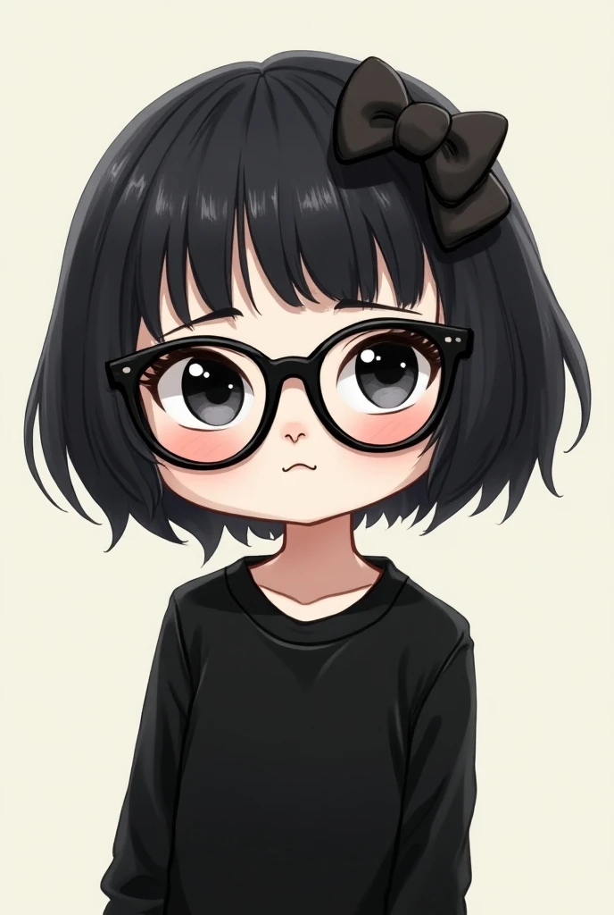 Hello Kitty with short black hair and black glasses with a black shirt 