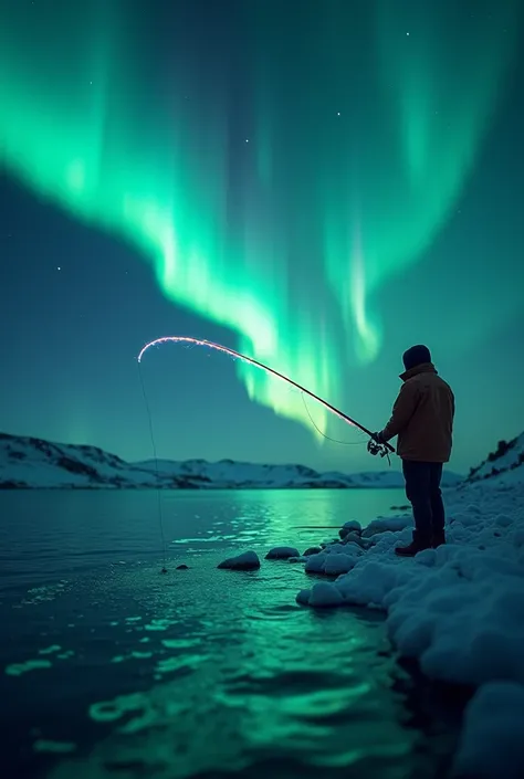 A fishing rod that looks like it’s made of an aurora or northern lights with the aurora borealis in the background 