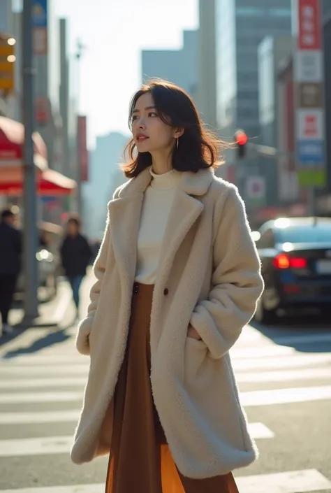 (profile:1.8), in the morning, He saw a Japanese beautiful woman, age 27, medium short hair,  at a main street intersection. wearing the key fashion trends for Winter 2024, fluffy coat, long skirt. not looking at the camera.