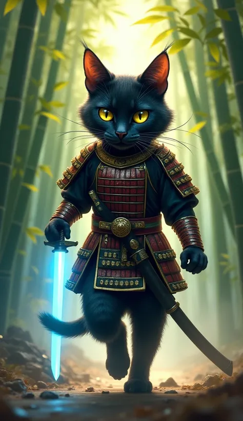 A black cat dressed in samurai armor, walking straight forward, holding a radiant blue katana. It strides confidently through a sunlit bamboo forest, with beams of light filtering through the tall stalks.