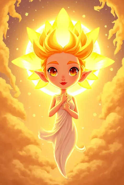  create a cartoon of a goddess representing the sun who has fine features, But not so human 