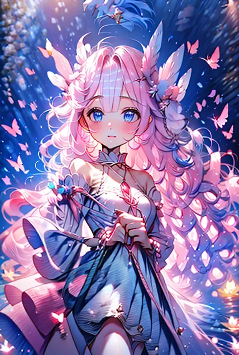 Pink hair color、 beautiful long hair with waves、Light blue eyes、 Pretty Face 、Light pink chiffon dress 、harp、Unicorn Girl、 high quality