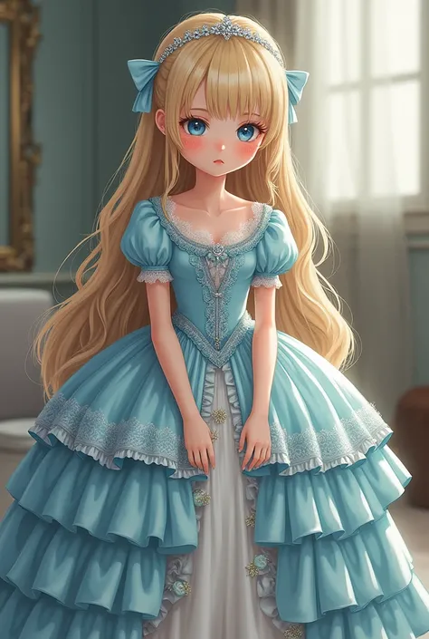 Curls,blonde hair,blue eyes,long eyelashes,victorian big puffy ballgown,short puffy sleeves,frilly,long hair,fringe bangs,side curls,fullbody,standing,masterpiece,puffy skirt,highres,big puffy light blue ballgown,bows on the skirt,short white puffy sleeves...