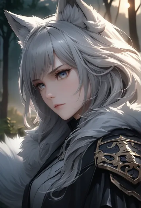 Upper body close-up（((masterpiece), on)""A cool, mature wolf-eared woman with a fluffy wolf tail, sharp expression, gray or silver hair, nature background with a twilight setting, elegant black coat or armor-style attire, mysterious atmosphere, deep gaze, ...