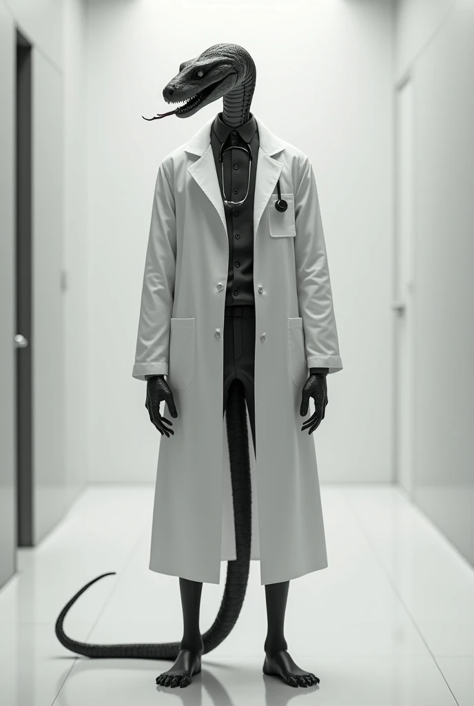 Create an image of a slender doctor with a snakes head that is colorless